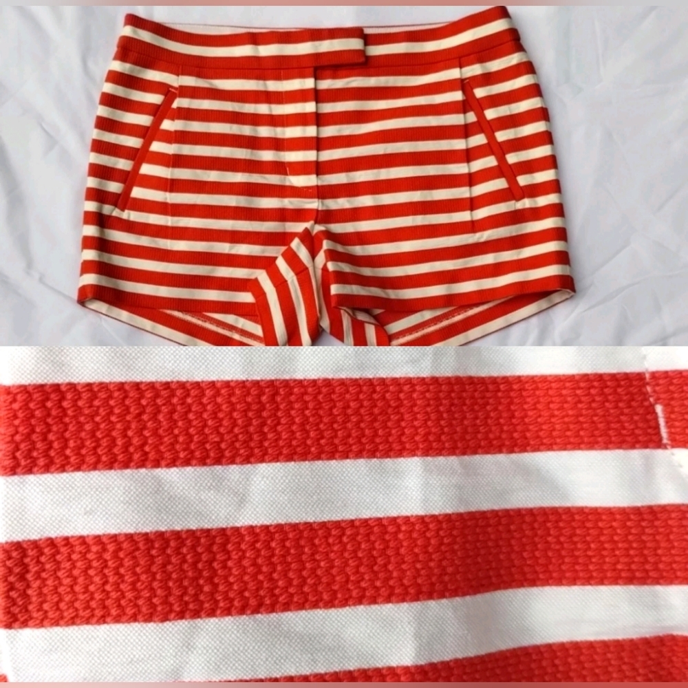 J Crew Women's Shorts Coral Red White Striped Cotton Sz 4 Nautical Coastal Chic